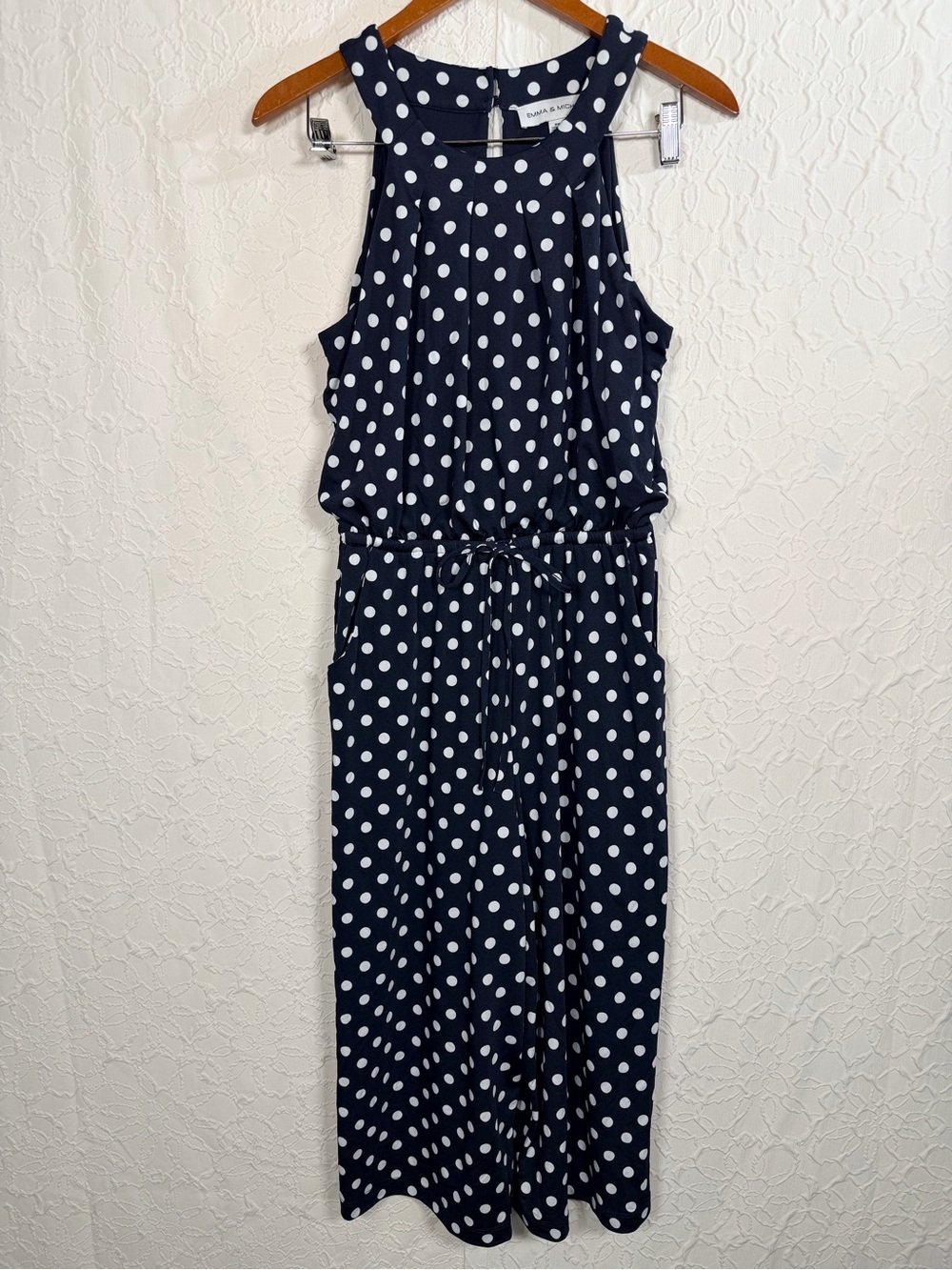 Emma & Michele Dark Navy Polka Dot Halter Wide Leg Cropped Romper Sz PM - Picture 3 of 14